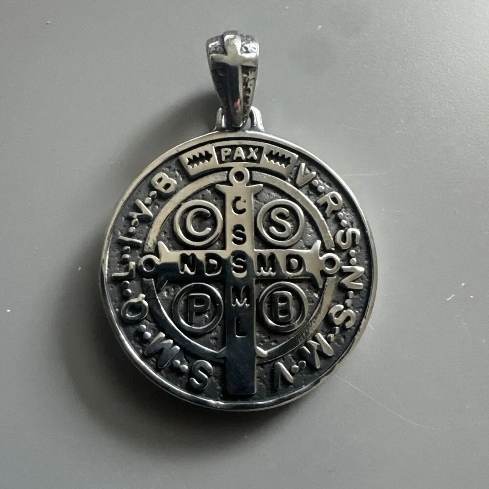Saint Benedict Plated Pendant 24” Chain Stainless Steel Jesus Christ Silver